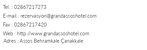 Grand Assos Hotel telefon numaralar, faks, e-mail, posta adresi ve iletiim bilgileri